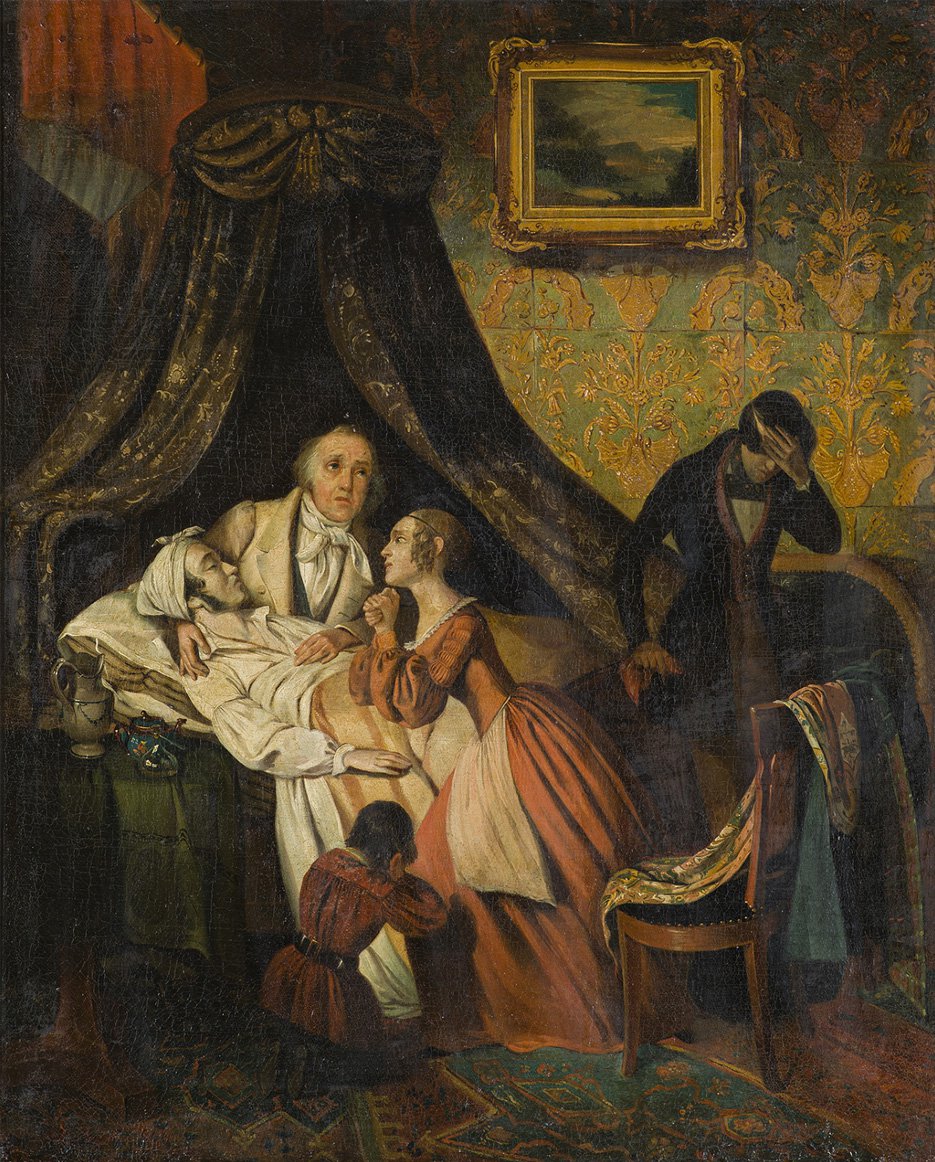 Jan Beugelink (1811-1900?), Interieur met sterfscene, 1840, olie op doek, 64 x 62 cm (Museum Tot Zover, Amsterdam, schenking 2021)