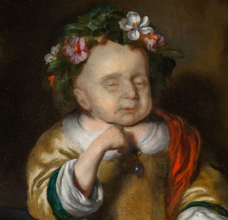 Detail van Nicolaes Maes, Portret van een overleden kind, olieverf op doek, 66,5 x 55 cm, ca. 1671. Collectie Museum Tot Zover