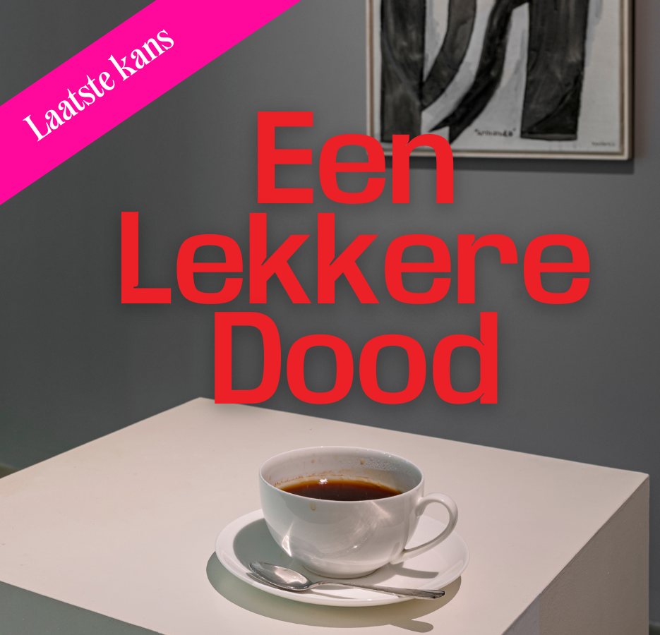 Affiche met o.a. werk van Alicia Framis, Somebody Left, 2013, en Klaas Gubbels, Koffiekan voor Armando, 2021