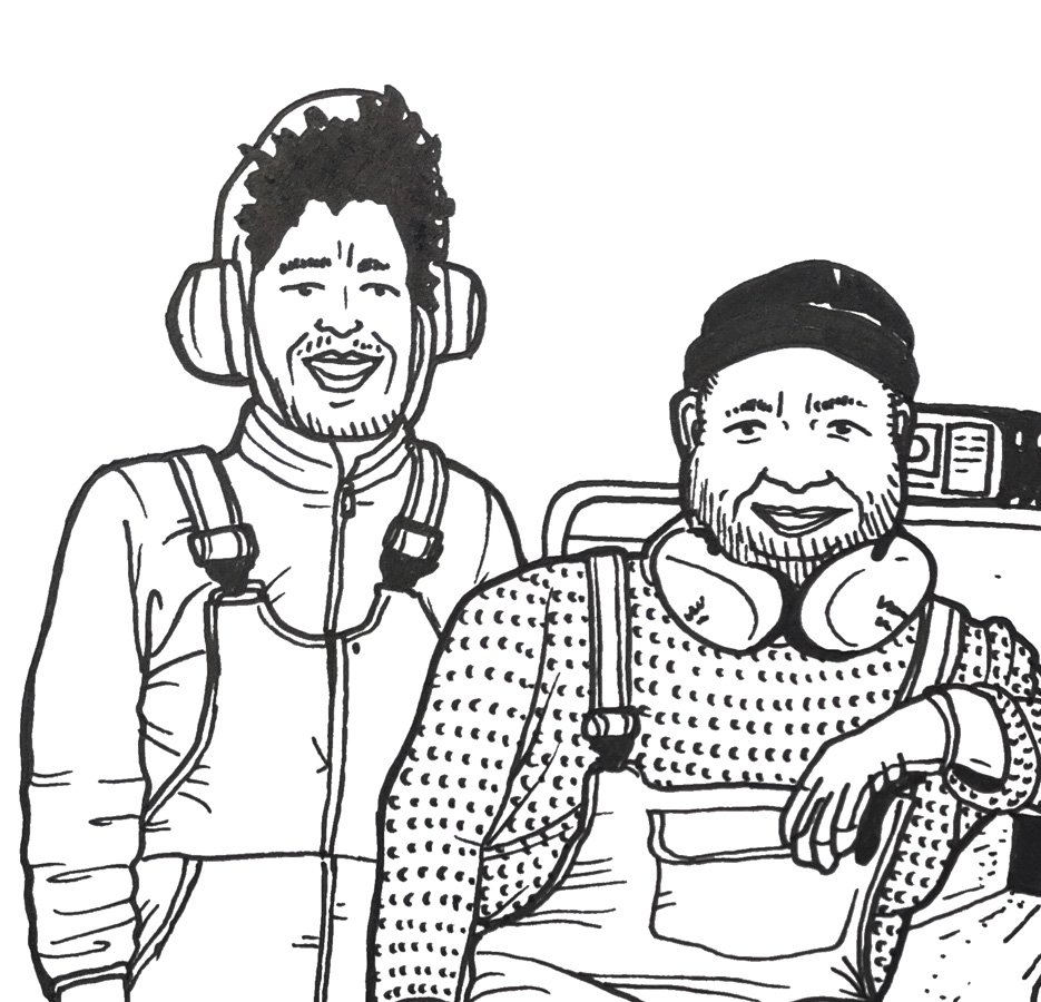 Detail van tekening door Jesper Buursink, hemzelf en zijn vader samen aan het werk, 2022