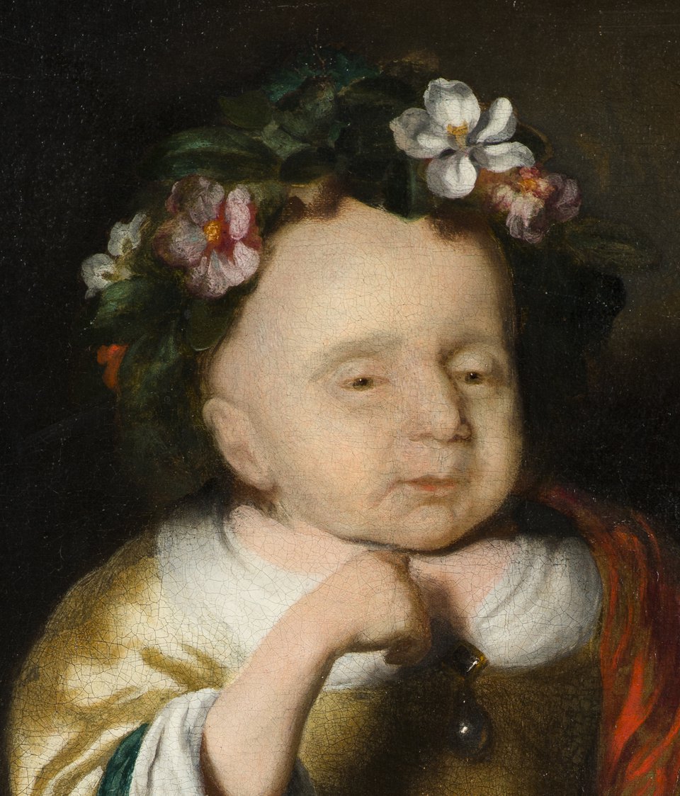 Detail van Nicolaes Maes, Portret van een overleden kind, olieverf op doek, ca 1671. Collectie Museum Tot Zover