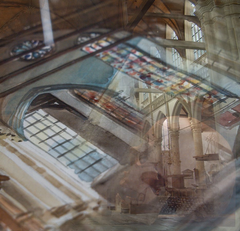 Samengesteld beeld van Oude Kerk, vanitas en schedel. Froukje Romkema.