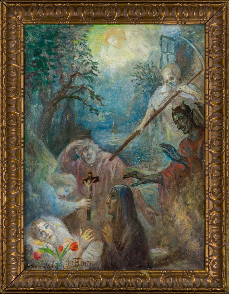 Antoon van Welie, Symbolische voorstelling over de dood, paneel, 47,8 x 37,5 cm incl. lijst. Linksonder gesigneerd: Antoon van Welie / 5∙II / 1916*TB.1947* [TB als monogram] (Museum Tot Zover, Amsterdam, aankoop 2020)